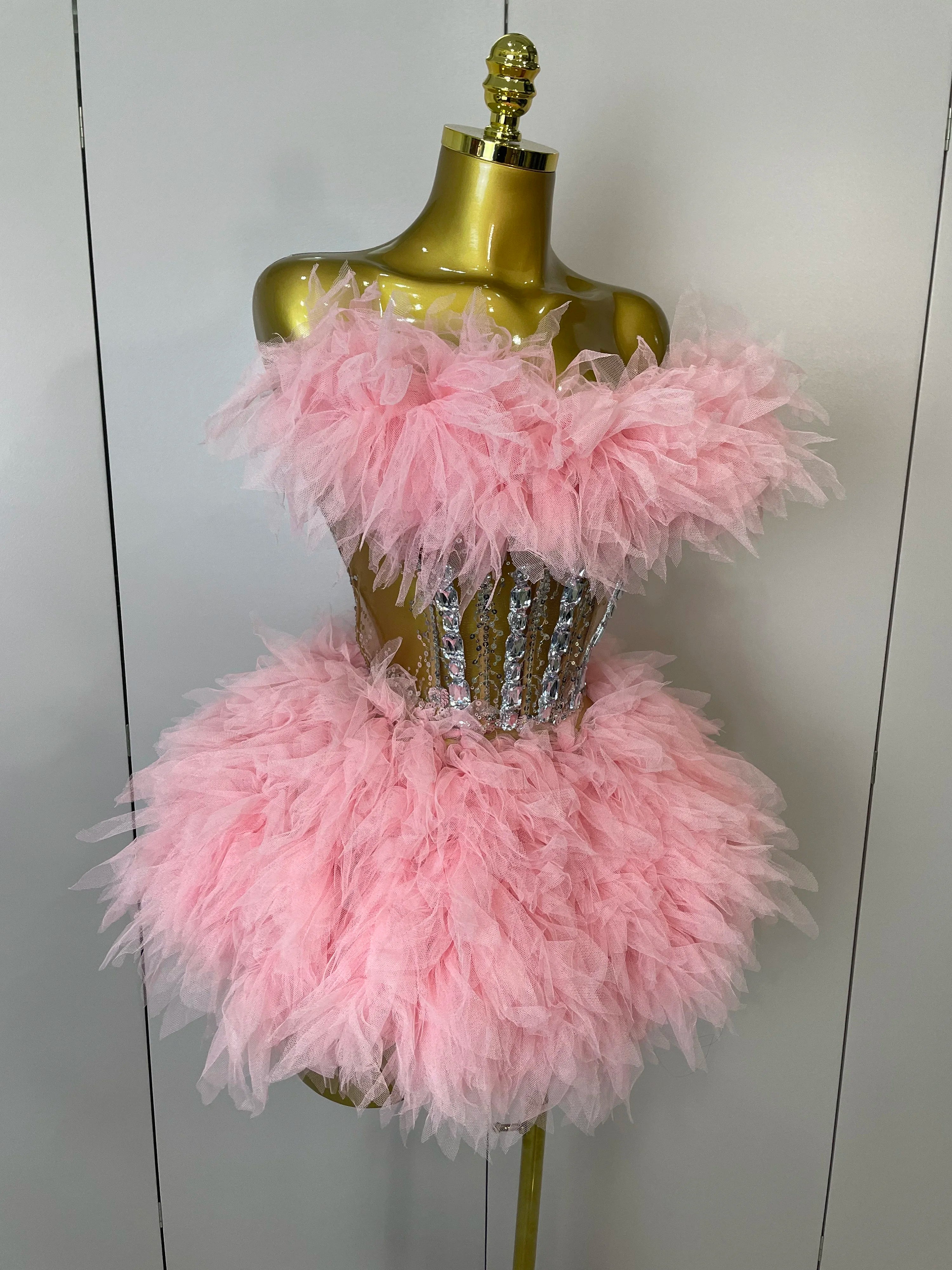 2025Women Sexy Backless Strap Mesh Fluffy Skirt 2 Pieces Diamond Sequins Stage Performance Costume Birthday Party Shooting Dress