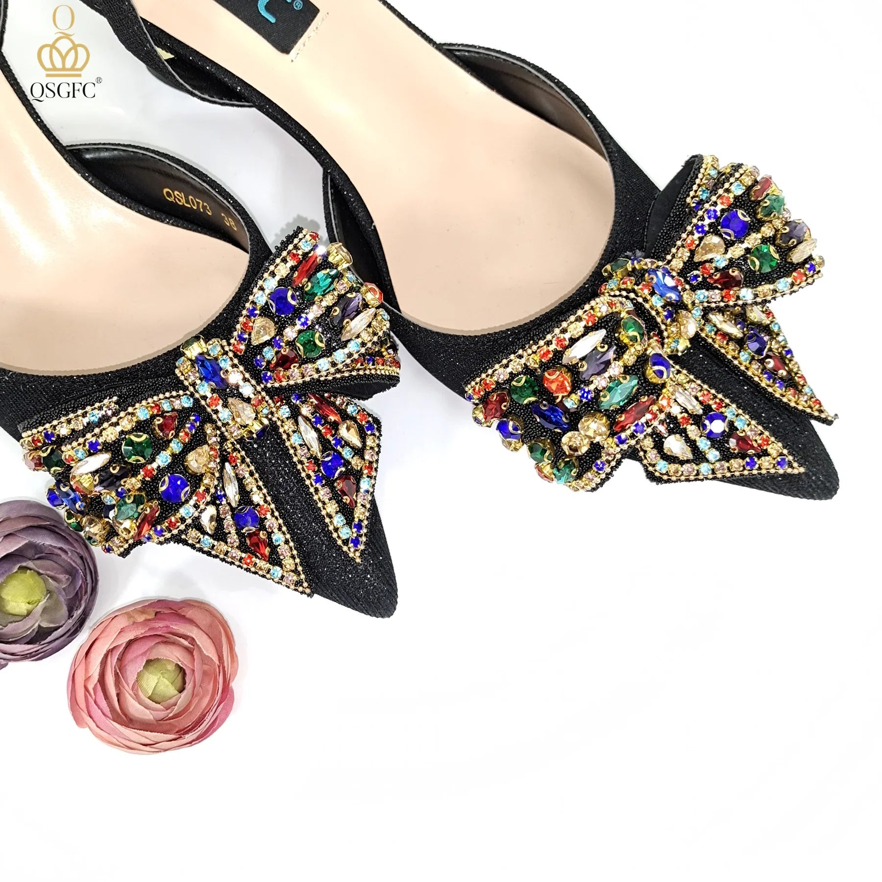 Italian Design Black Color Elegant Ladies Fashion Crystal Bow Pointed Toe Shoes