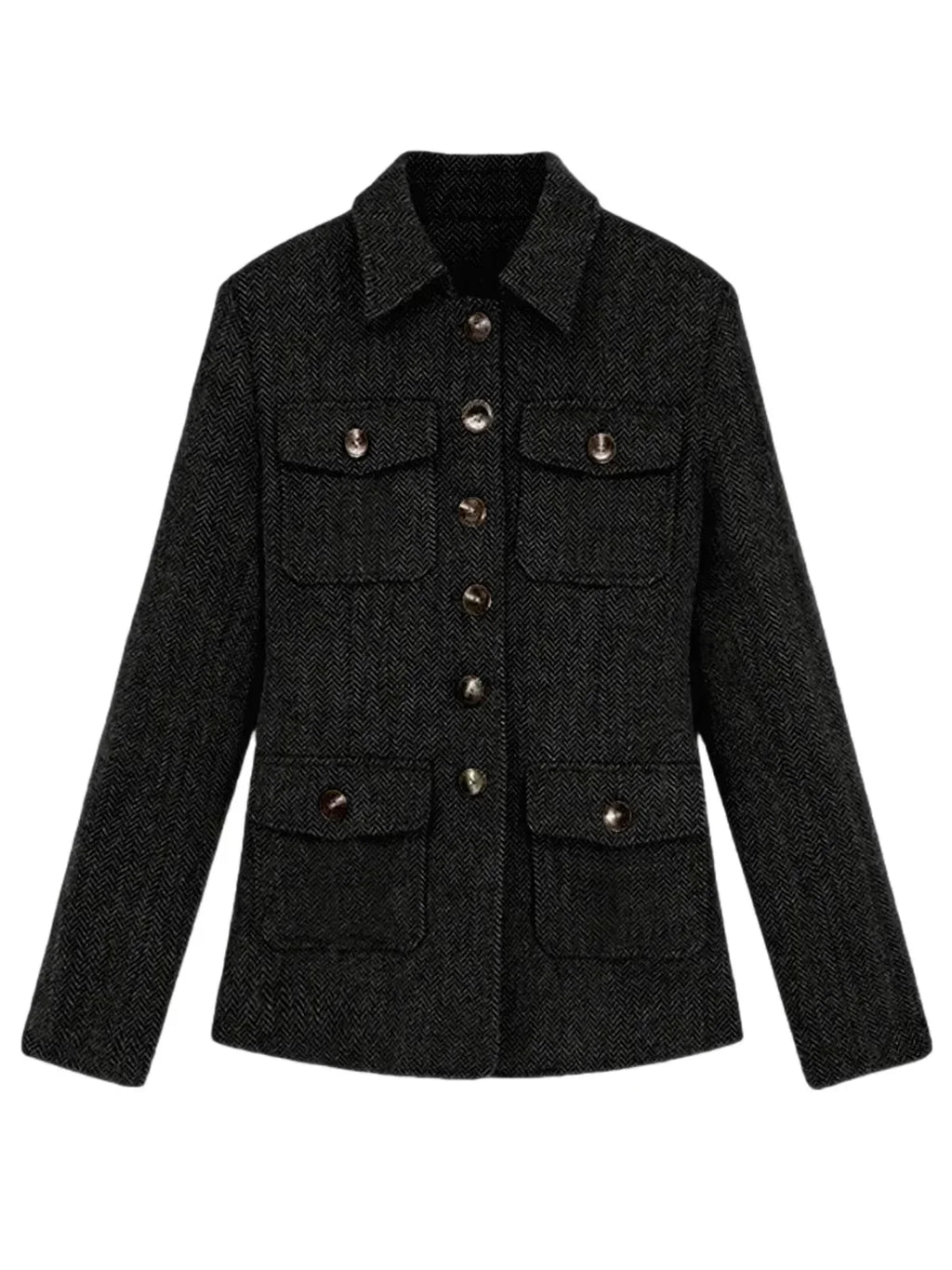 Men's Herringbone Wool Blend Blazer Jacket Notch Collar Utility Multi-Pocket Casual Overcoat For Spring Autumn