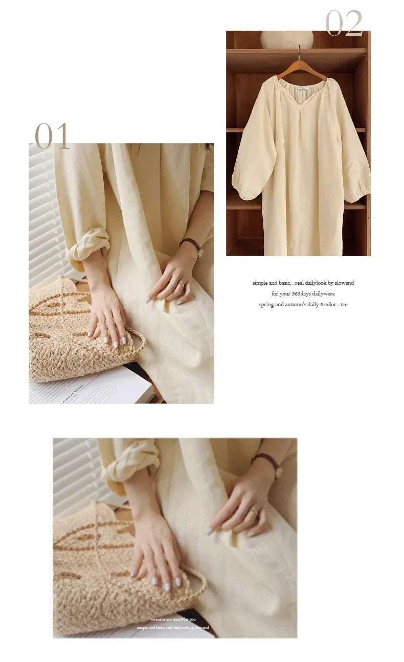 Vintage 100% Cotton Women Dress V Neck Long Sleeve Korean Jananse Pajama Dresses Ladies Comfortable Homewear Wearable Outside