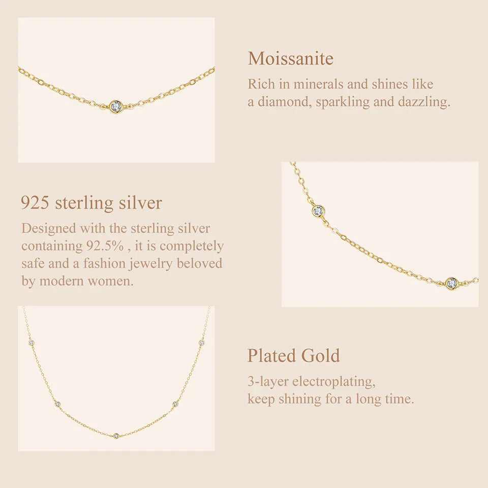 925 Sterling Silver Moissanite Layering Necklace, Gold Plated Adjustable Link Chain Necklace for Women Station Necklace