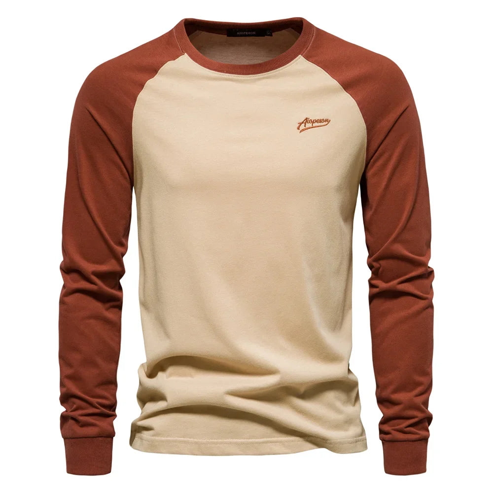 Men's T-shirts 100% Cotton Long Sleeve O-neck Pactwork Casual T shirts for Men New Spring Designer Tees Men Clothing
