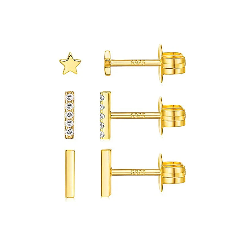 3pcs/set Bling Zircon Earring 925 Sterling Silver Cute Mini Heart Star Stud Earrings Ear Bone Earlobe Piercing Jewerly
