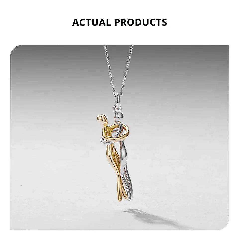 925 Sterling Silver Two-tones Hug Necklace, Detachable Sweet Love Pendant with O-chain for Women Men DIY Couple Necklaces