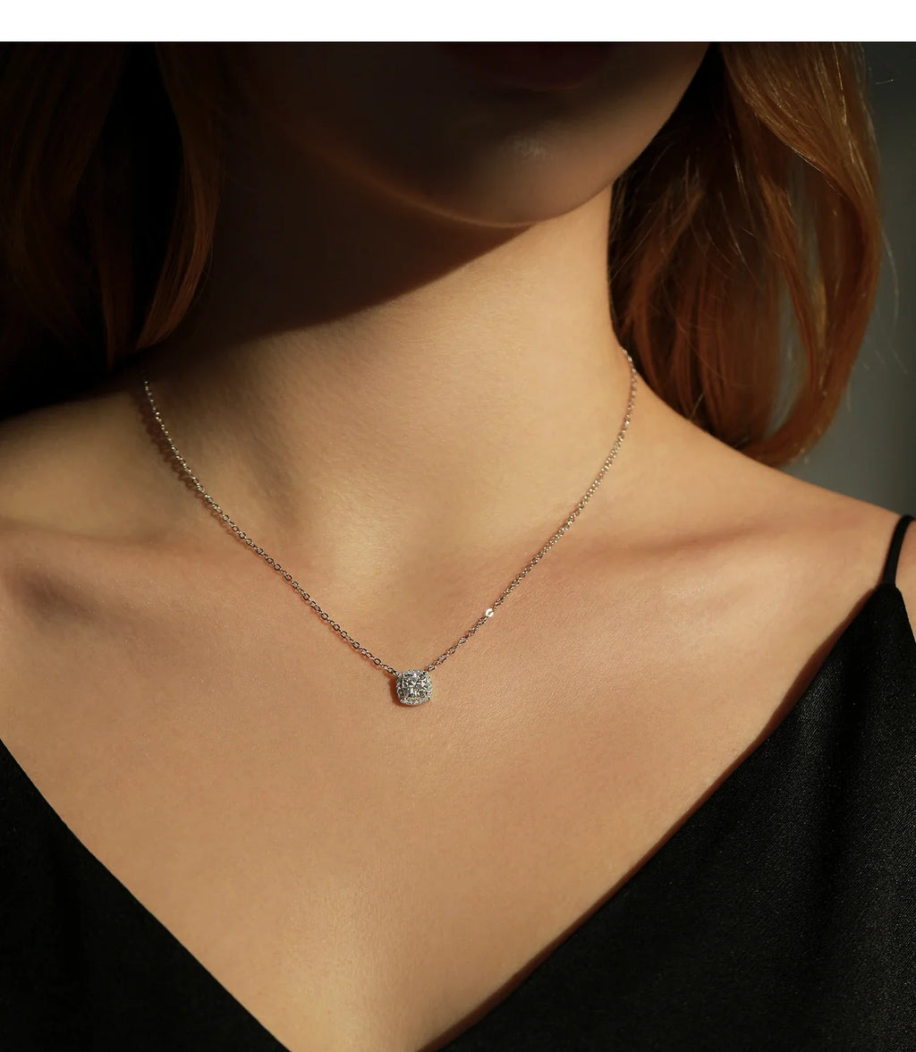 1 Carat Square Cushion Cut Halo Moissanite Pendant Necklace For Women 925 Sterling Silver Dazzling Wedding Bridal Jewelry