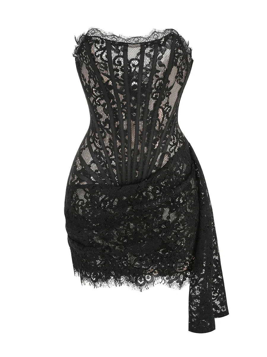 VC Christmas Dress For Women Red Lace Sexy Strapless Sleeveless Slim Supper Short Dress With Lace-Up
