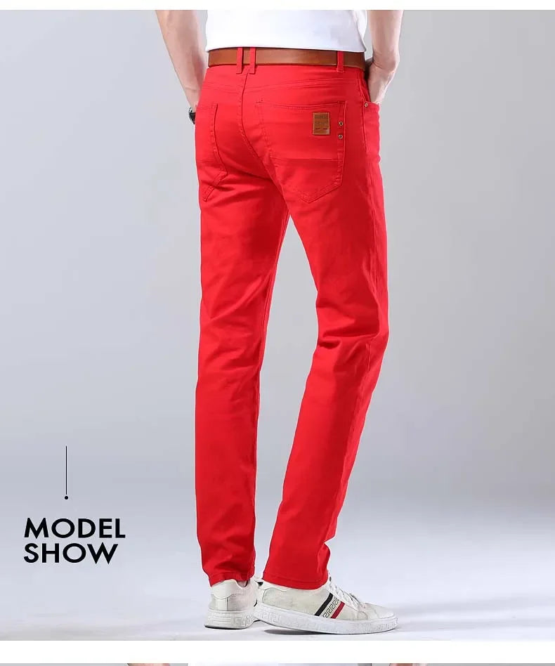 2024 Autumn New Men's Stretch Fit Jeans Bright Trendy Denim Straight-leg Trousers Male Red Lake Blue Yellow Trousers