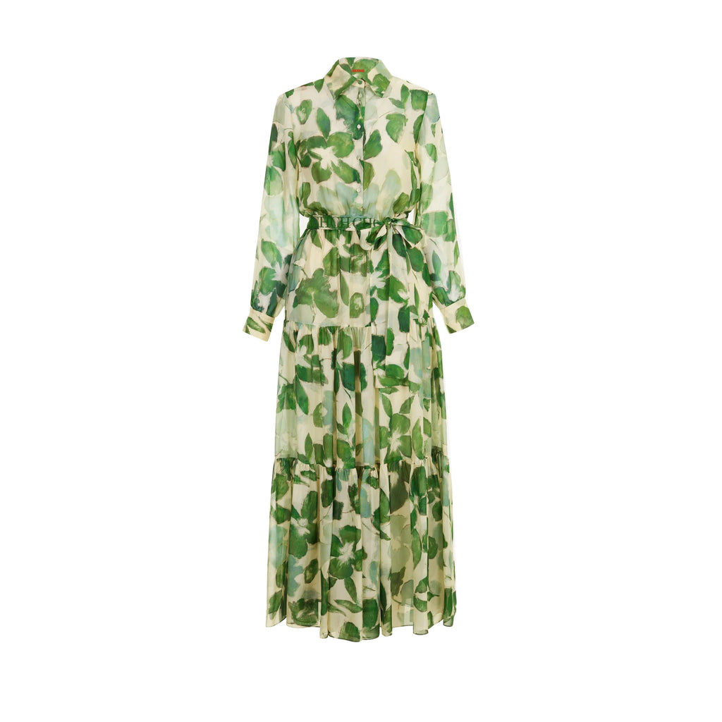 2025 Dresses Women's New Belted Chiffon Print V-neck Chic Slim Long Dress Fashion Elegant Holiday Street Women's Dress