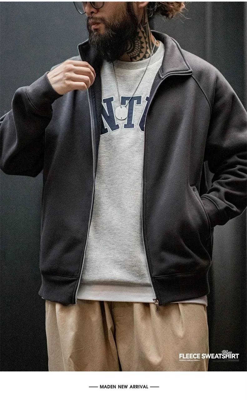 Casual Polar Fleece Cardigan Sweatshirt Stand-up Collar Sports Zipper Jacket Warm Versatile Coat for Men's Fall and Winter