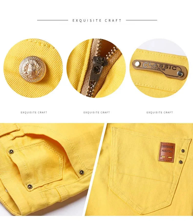 2024 Autumn New Men's Stretch Fit Jeans Bright Trendy Denim Straight-leg Trousers Male Red Lake Blue Yellow Trousers