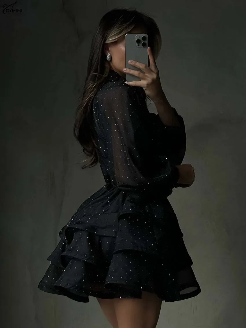 Fashion Black Rhinestone Women's Dress Casual Lapel Long Sleeve Button Dresses Elegant New Lace-Up Pleated Mini Dresses