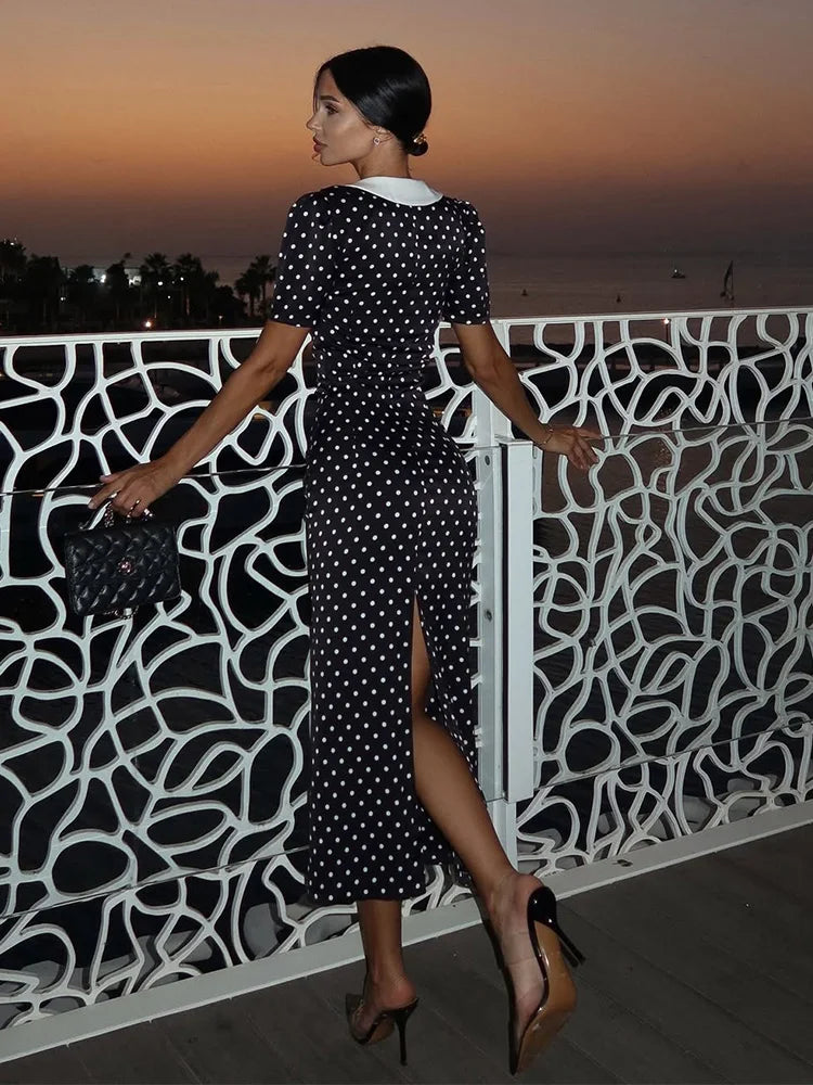 Dot Patchwork Hip Wrap Short Sleeve V Neck Elegant Women Dresses Sheath Fashion Sexy Club Bodycon Female Vestidos Robes