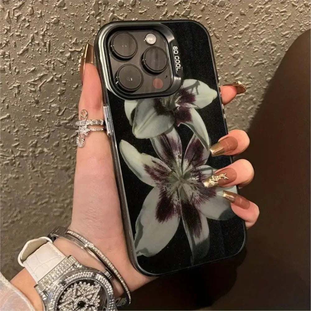 Painting Lily Flower Phone Case For iPhone 17 Air 16 15 14 13 12 11 Pro Max 7 8 Plus Black Hard Cover