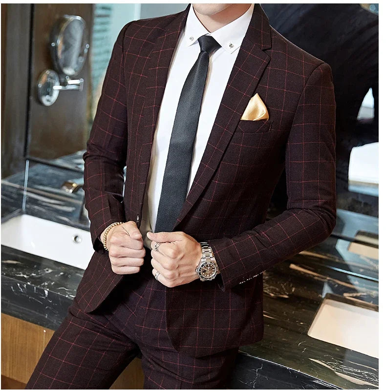 2025 Suit (Blazer+ Pants) Men's Boutique Fashion, Business Gentleman, Slim Fit, Outdoor Wedding, Plaid Trend, Banquet Suit