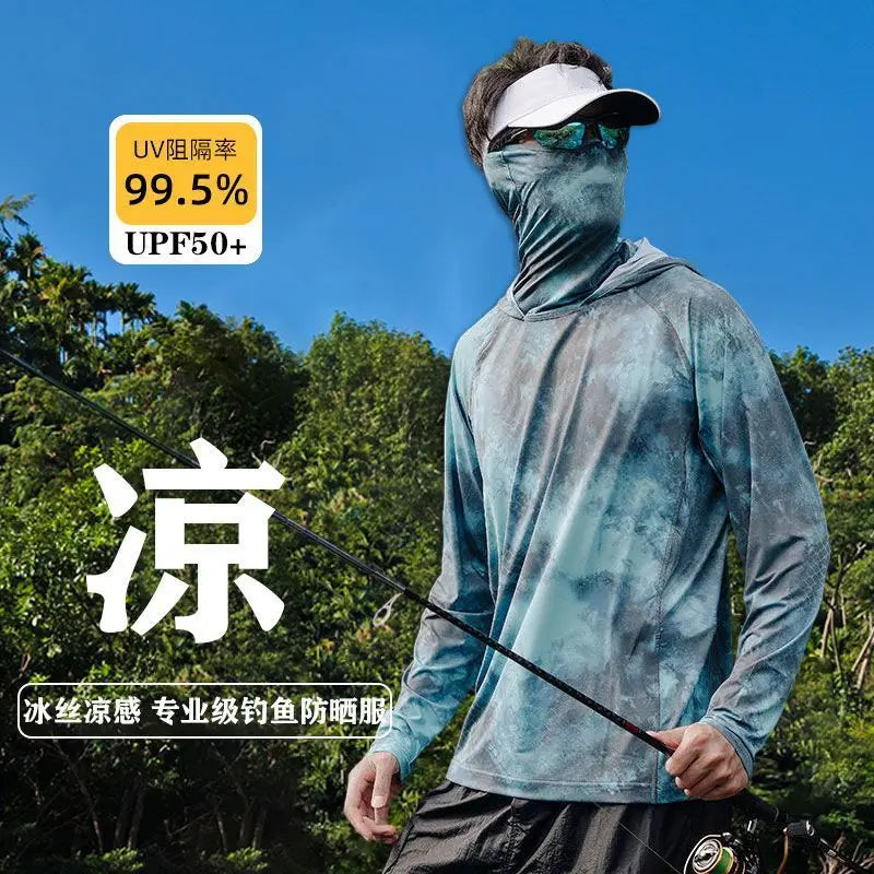 Ultra-thin Tshirts Summer Trendy Prints Lightweight UPF Sun Hoodie with Face Mask Shirt Long Sleeve Breathable UV Fishing Shirt