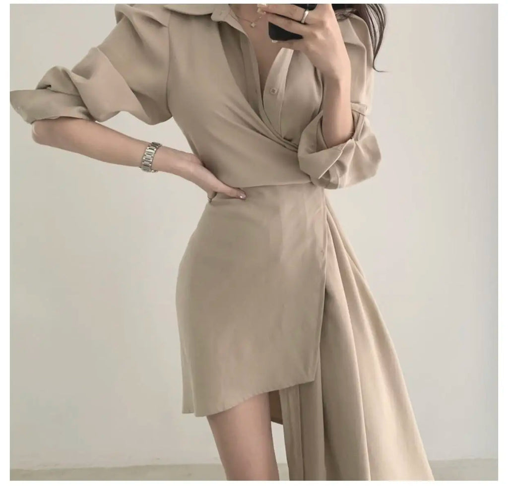 Early Autumn Shirt Dress Women's Mid-Length Asymmetrical Single-Button Notch Collar Slimming Style Commute Fashion
