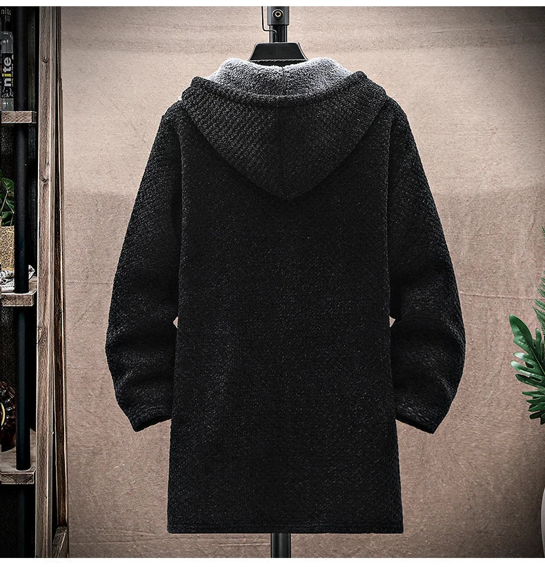 Men's Cardigan Cashmere Long Coat Sweaters with Hoods Autumn Winter New Fleece Warm Solid SweaterCoat Windbreaker Men Clothing