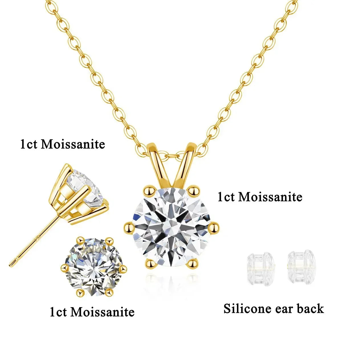 100% Real Gold 14K Moissanite Earrings Pendant Necklace Ear Stud For Wedding Engagement Valentine's Day Jewelry Set Gift