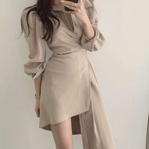 Early Autumn Shirt Dress Women's Mid-Length Asymmetrical Single-Button Notch Collar Slimming Style Commute Fashion