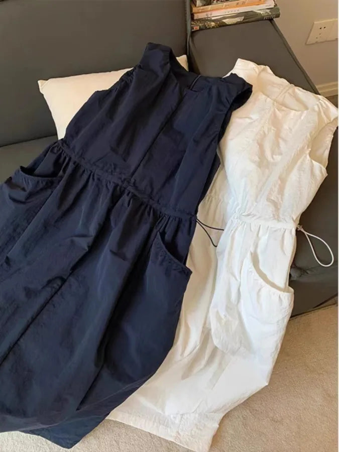 Loose Casual Women's Dr Summer 2026 New Korean Sle Dstring Waistl Svel Vest Skirt A-Line Midi round Ne