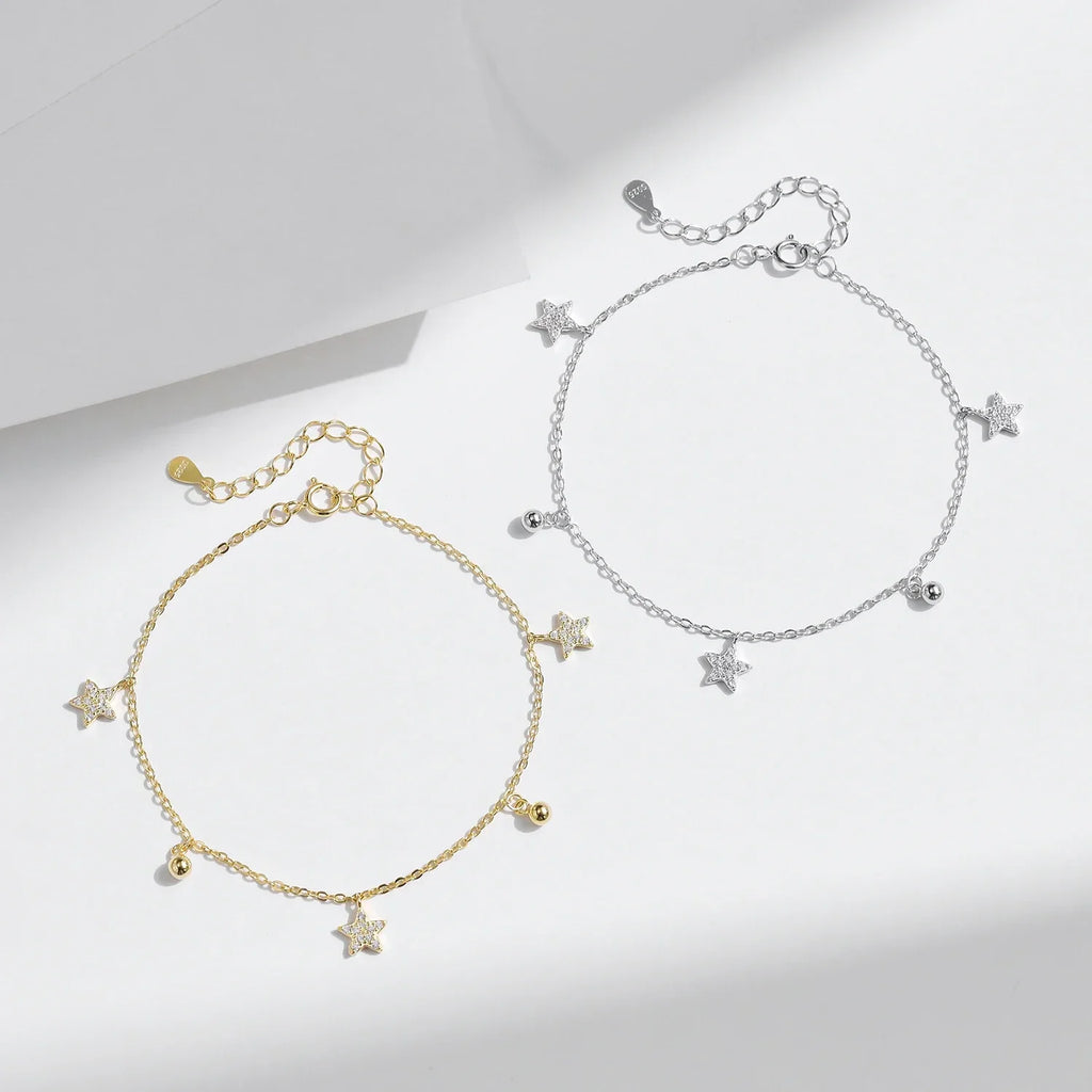 925 Sterling Silver Stars & Beads Charm Pendant Bracelets Gold Color Stackable Link Chain For Women Party Jewelry