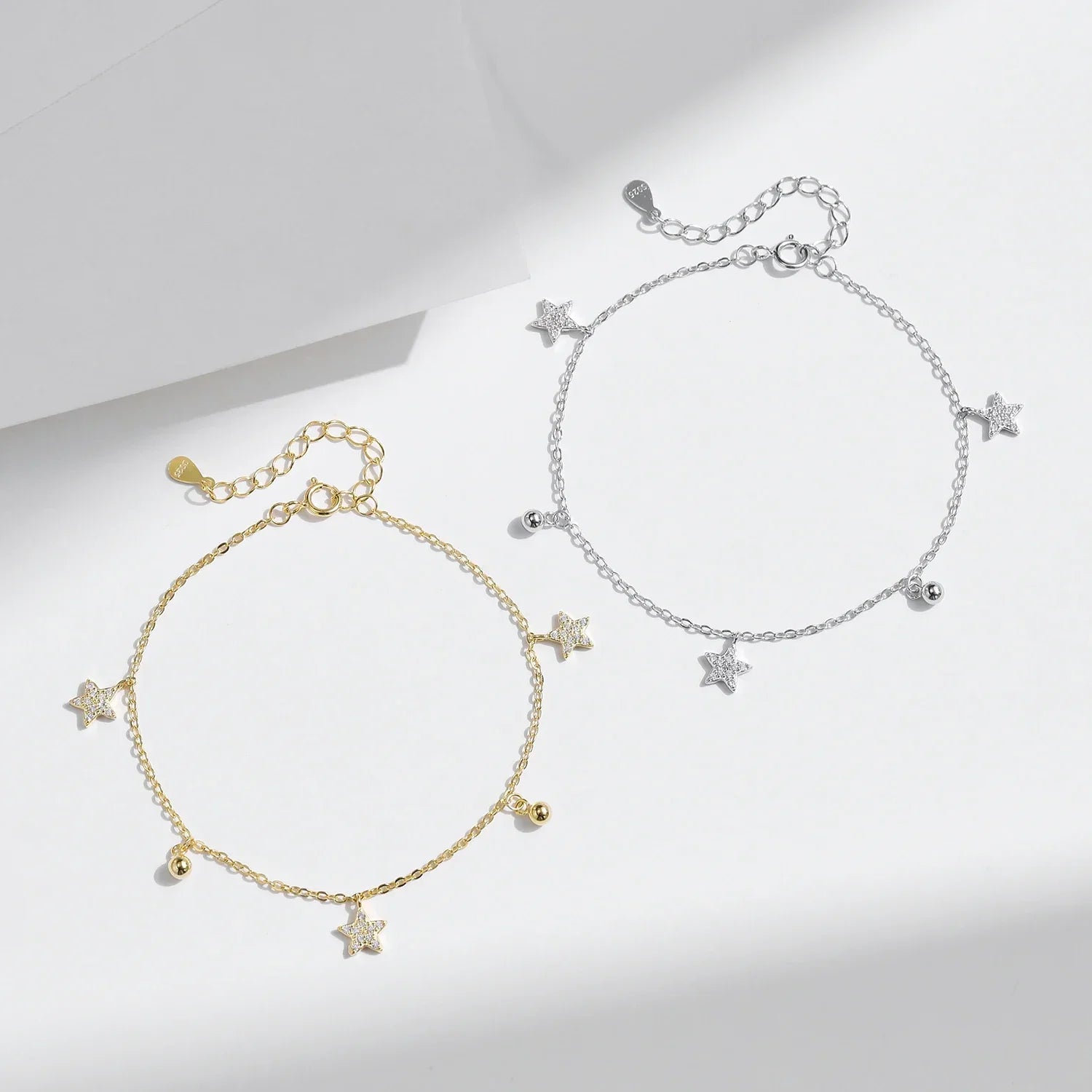 925 Sterling Silver Stars & Beads Charm Pendant Bracelets Gold Color Stackable Link Chain For Women Party Jewelry