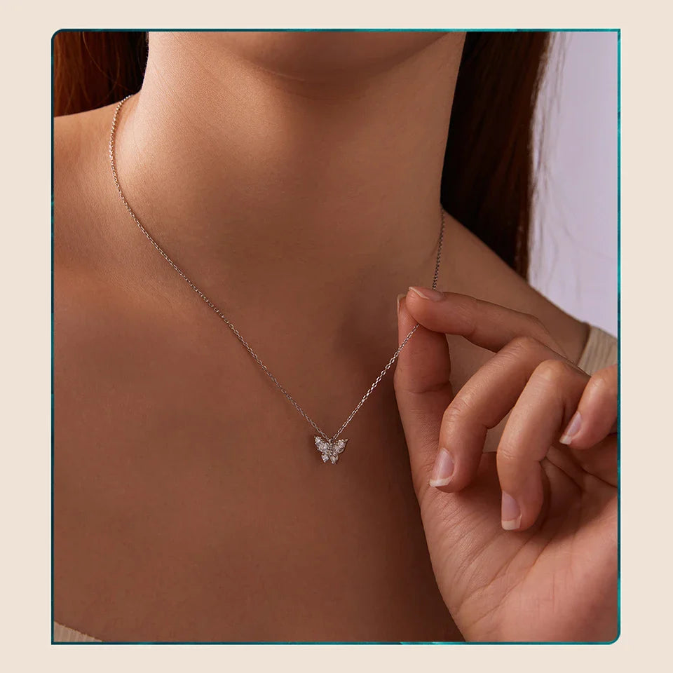 Moissanite Butterfly Necklace 925 Sterling Silver Insect Pendant Necklace Adjusable Link Chain for Women Sparkling Gift