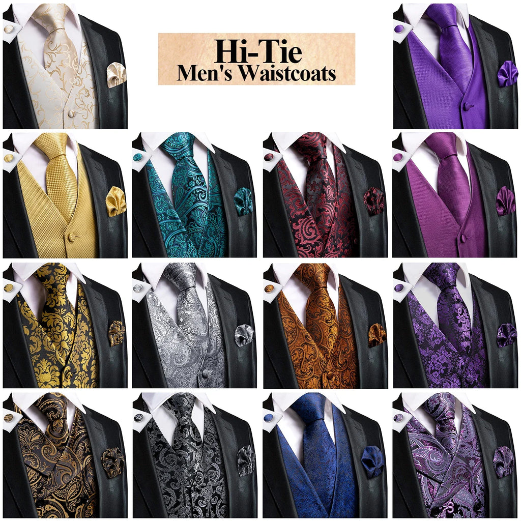 Silk Men's Vests and Tie Business Formal Dresses Slim Vest 4PC Necktie Hanky cufflinks for Suit Blue Paisley Floral Waistcoat