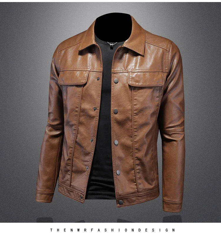 2024 Autumn and Winter New Men's Fashion Handsome with Solid Color Boutique Lapel Motorcycle Leather Coat Slim Fashion  M-5XL