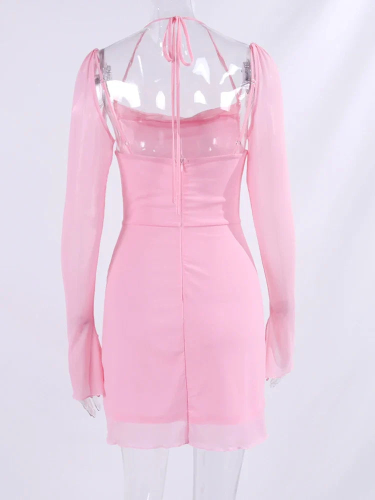 NewAsia Halter Flounce Sleeves Mesh Pink Dress Women Sexy Solid Backless Bandage Mini Vestido Summer Vacation Party Club