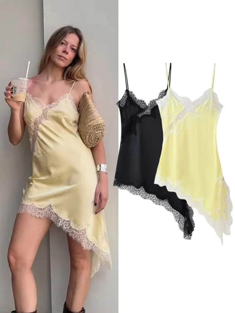Woman Summer Sexy Sleeveless Backless Chic Beach Party Dress Women's Elegant Asymmetry Lace Decorate Slim Sling Dress