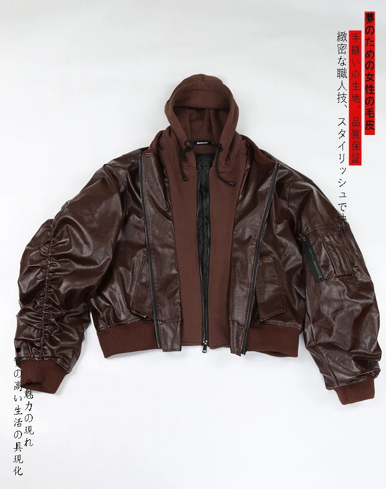 Autumn Winter Cool Handsome Oversized Brown Thickened Warm Leather Jacket Men with Hood Fake 2 Piece European Clothes