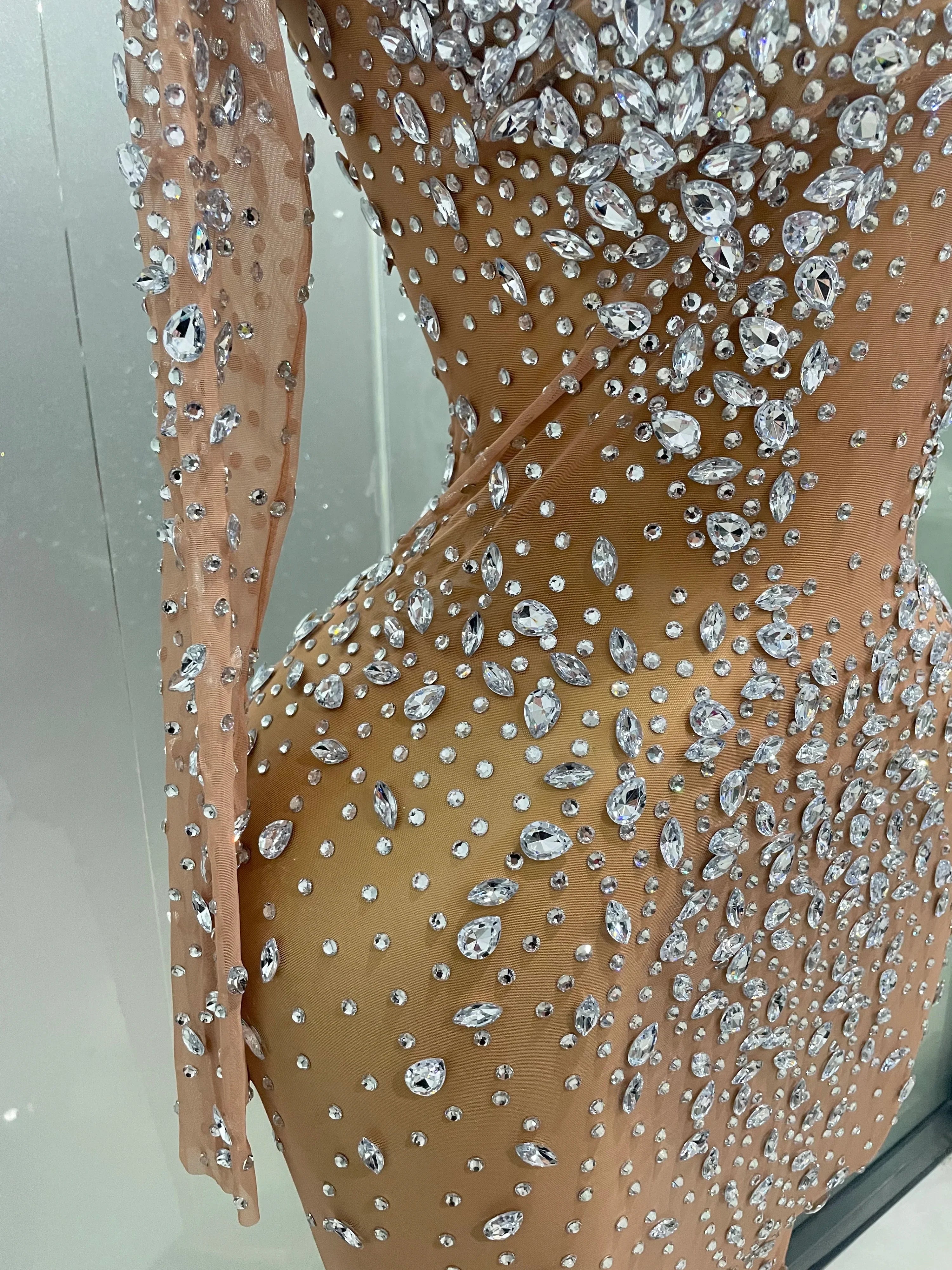 Sexy Shinny Rhinestone Stretch Mesh Transparent Long Dress 2025New Women Evening Birthday Party Prom Nightclub Singer Stage Wear