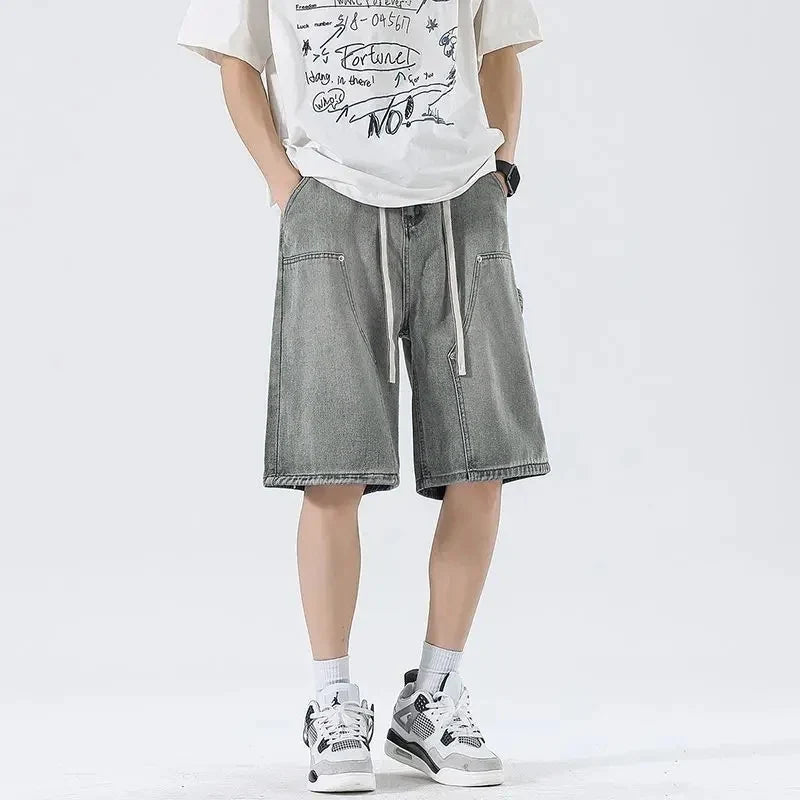 Fashion Streetwear Men's Denim Shorts Summer Loose Vintage Harajuku Splicing Hip-hop Cargo Moto Short Jeans Black Blue