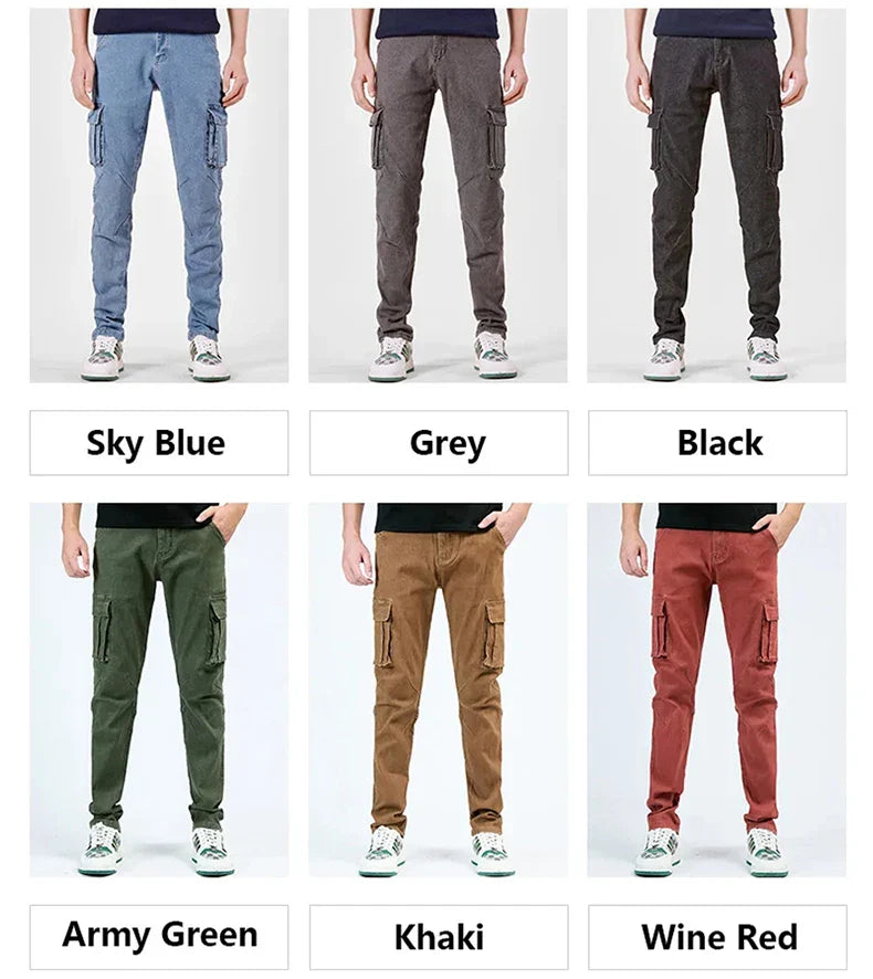 Men's Street Style Elastic Waist Denim Cargo Pants Solid Color Washed Slim Fit Casual Jeans with Multiple Pockets for Daily Wear