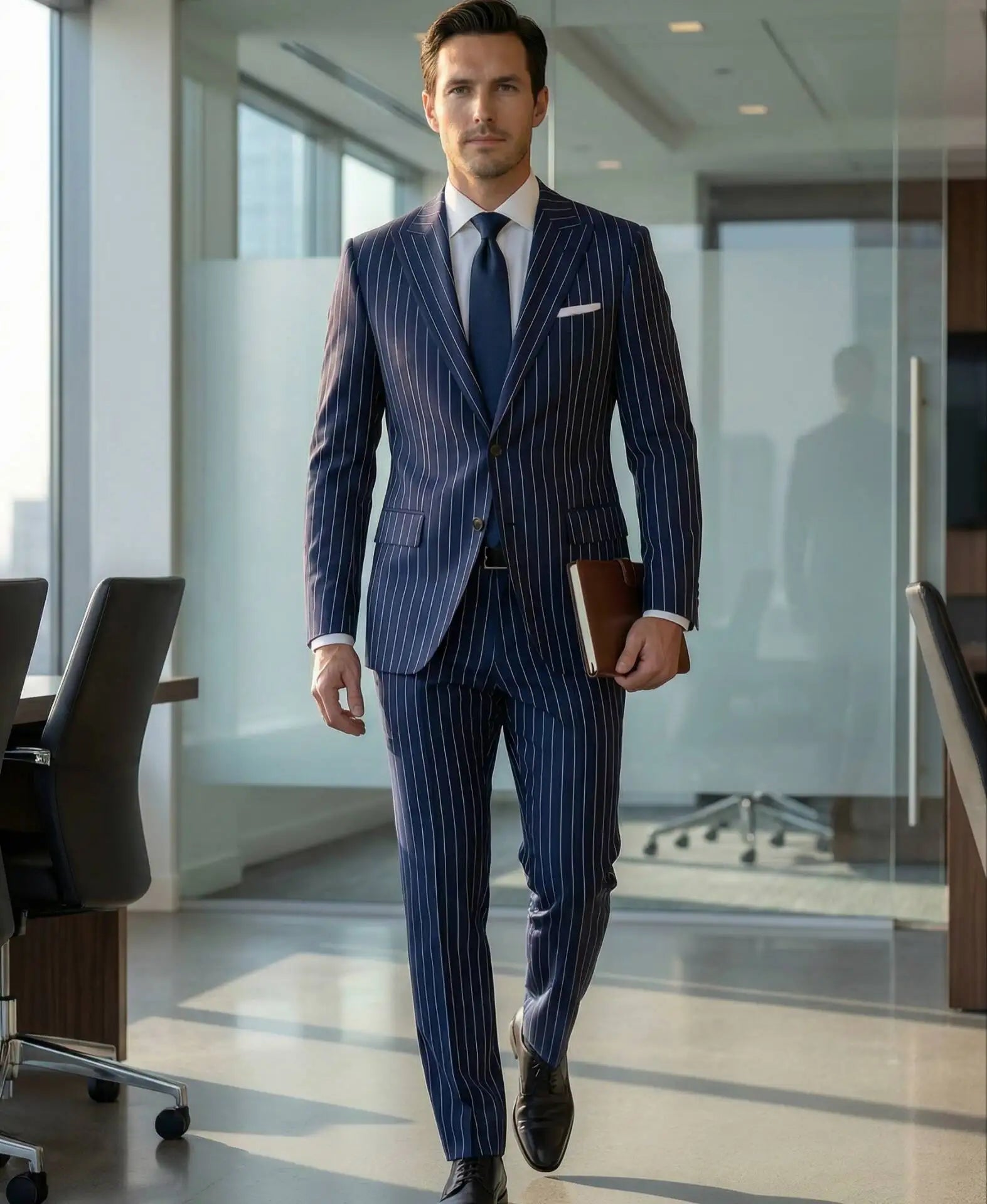 Elegant dark blue striped men's suit; 2 pieces of fashionable double-breasted, collarless slim-fit jacket and trouser set new st