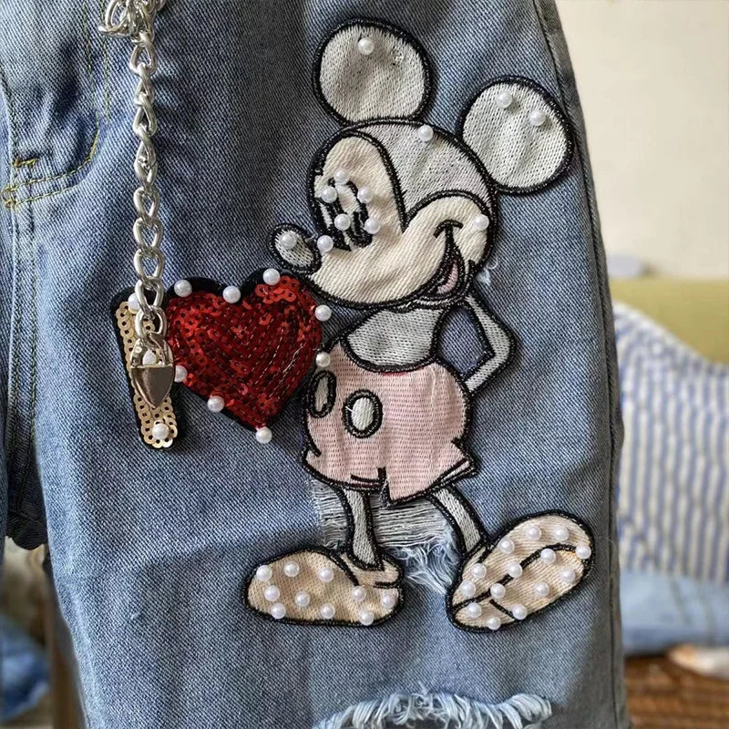 New Arrival Loose Casual Summer Top Fashion Cotton Embroidery Beading Mickey Mouse Summer Denim Shorts