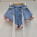 Trendy The Summer Of 2026 Women's Pearl Lace Belt Denim Shorts Fashion Wrinkled Edge Design A-line Hot Pants Female 1LS3067