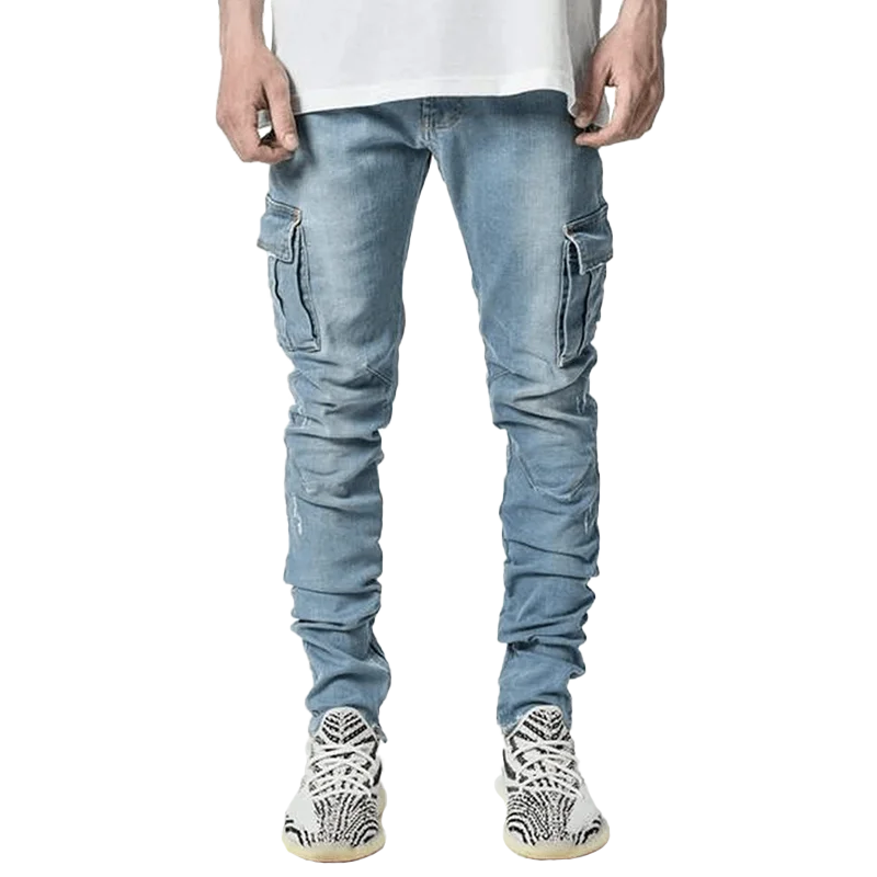 Jeans Men Black Cargo Pants Multi Pockets Blue Slim Fit Streetwear