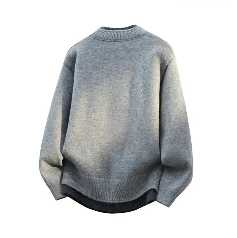 Fake Two Piece Pullover Cardigan Men Round Neck Long Sleeve Clothing Thermal Warm Comfortable Youth Casual Knit Sweater