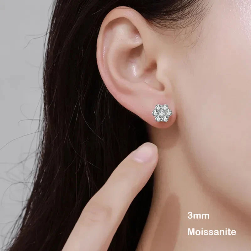 7-Stone Flower Full 2.5/3mm D Color Moissanite Stud Earrings for Women Silver 925 Plated 18K GRA Certified Party Earring
