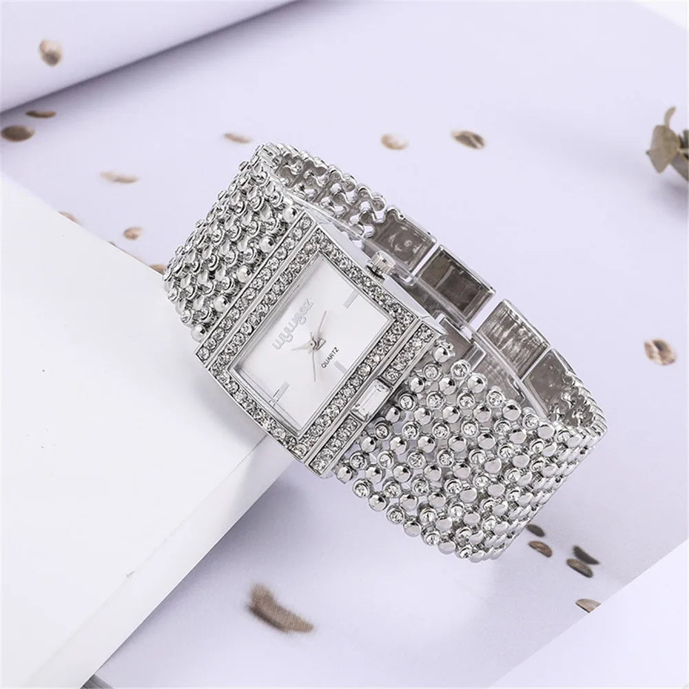 W25 Women's Square Quartz Watch Fashion Brand Light Luxury Stainless Steel Bracelet Girls' Diamond Inlaid Wristwatches