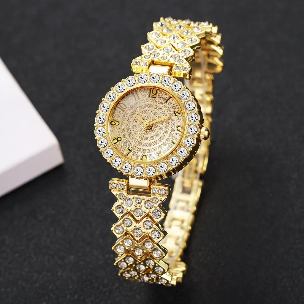 5pcs Luxury Rhinestone Women's Quartz Watch Elegant Ladies Bracelet Wristwatch Jewelry Set（Without Box）