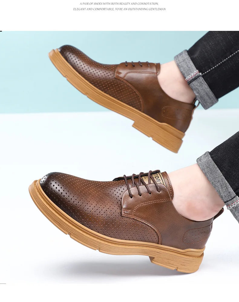 Summer Autumn New Low Top Cow Leather Shoes for Men Hallow Lace Designer Platform Shoes Male Fashion Business Casual Shoe Man