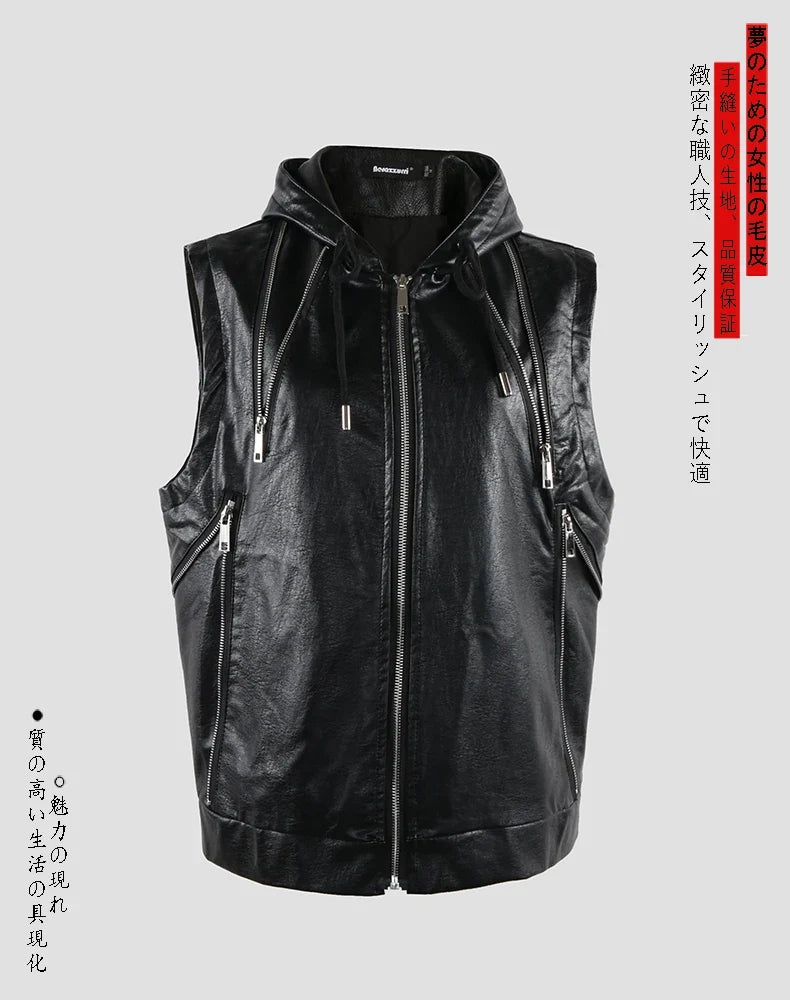 Spring Autumn Luxury Elegant Cool Black Pu Leather Vest for Men with Hood Zipper Sleeveless Jacket Men Clothing 2023