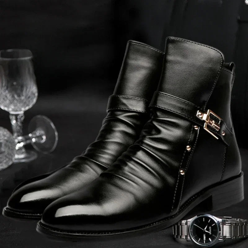 Chelsea Boots Men's High Top Leather Shoes Men Zipper Boot Pointed Ankle Boots Men's Motorcycle Boots Buckle Strap Winter Botas