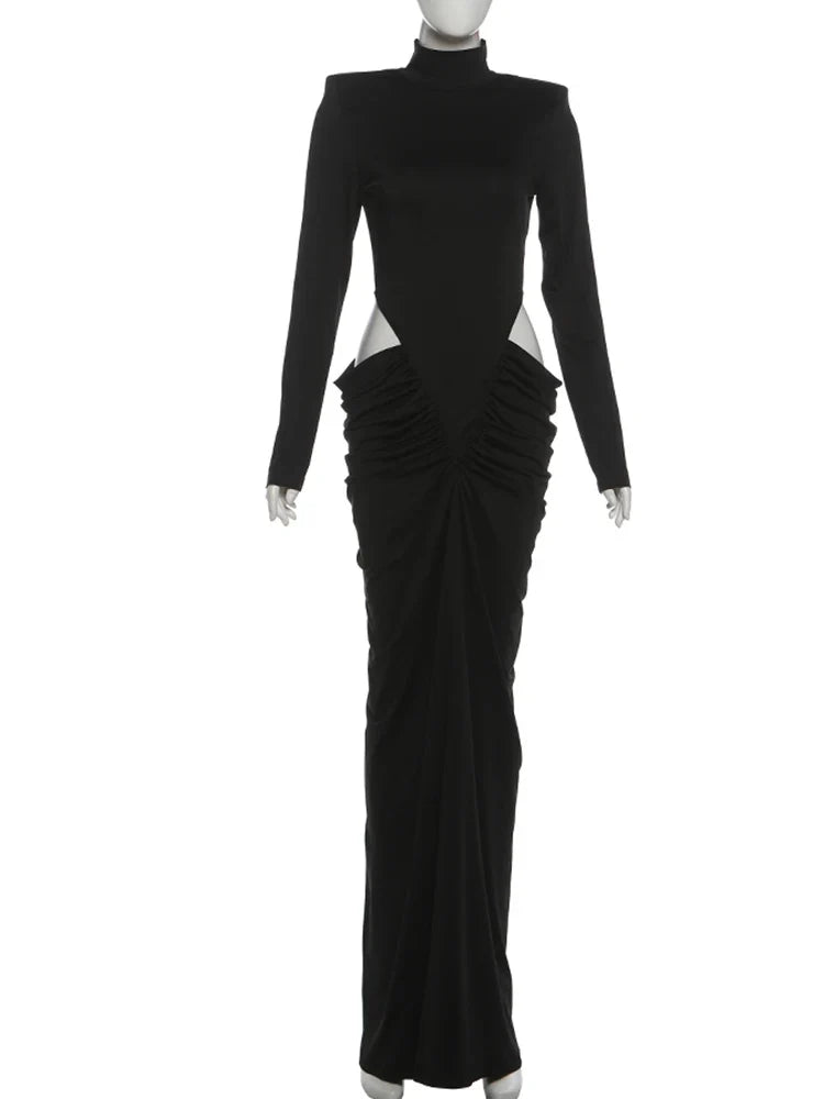 Hipster Waistless Ruched Elegant Dress Woman Autumn Style Turtleneck Full Sleeve Hollow Design Prom Party Long Bodycon