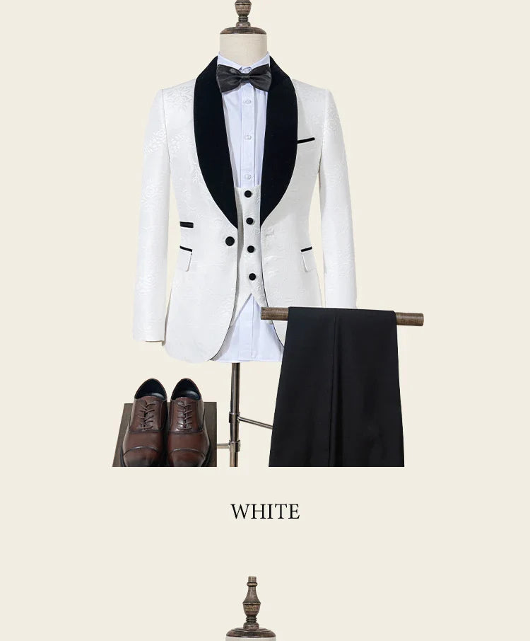 Male Groom Wedding Blazers Retro carving figure Party Dress Tuxedo Prom Suit Fashion Slim Fit (jacket+Vest+Pants）
