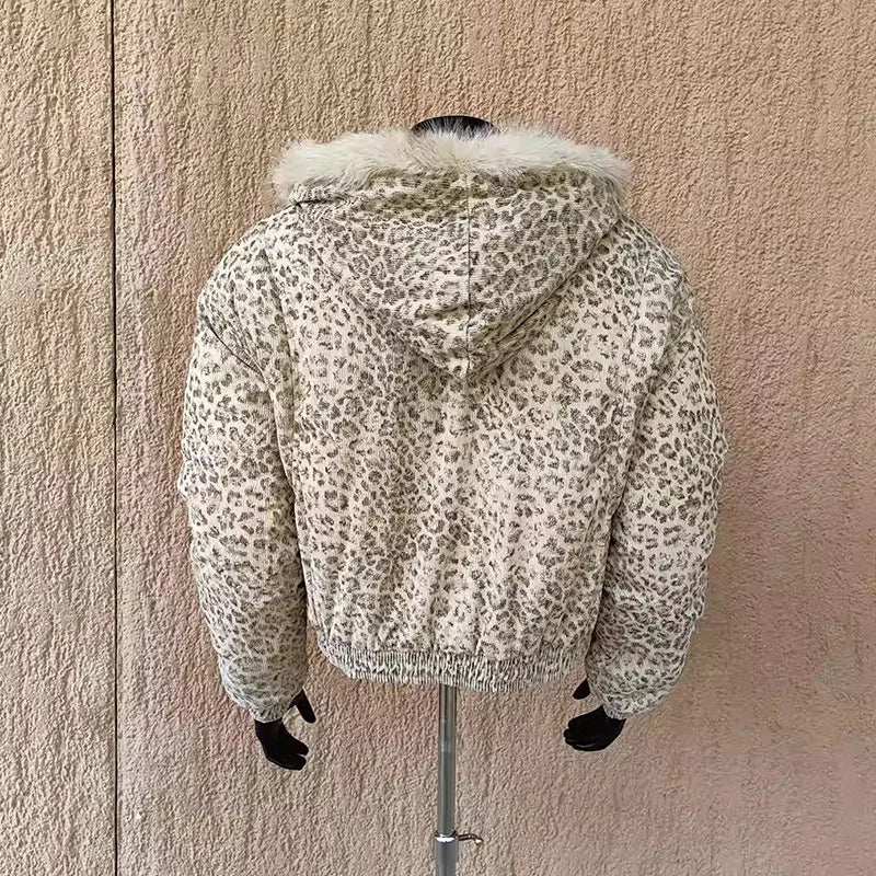 PFHQ Niche Design Men's Fleece Jackets Hooded Leopard Print Fur Thick Padded Coats Thermal Contrast Color Male Clothing CPG2405