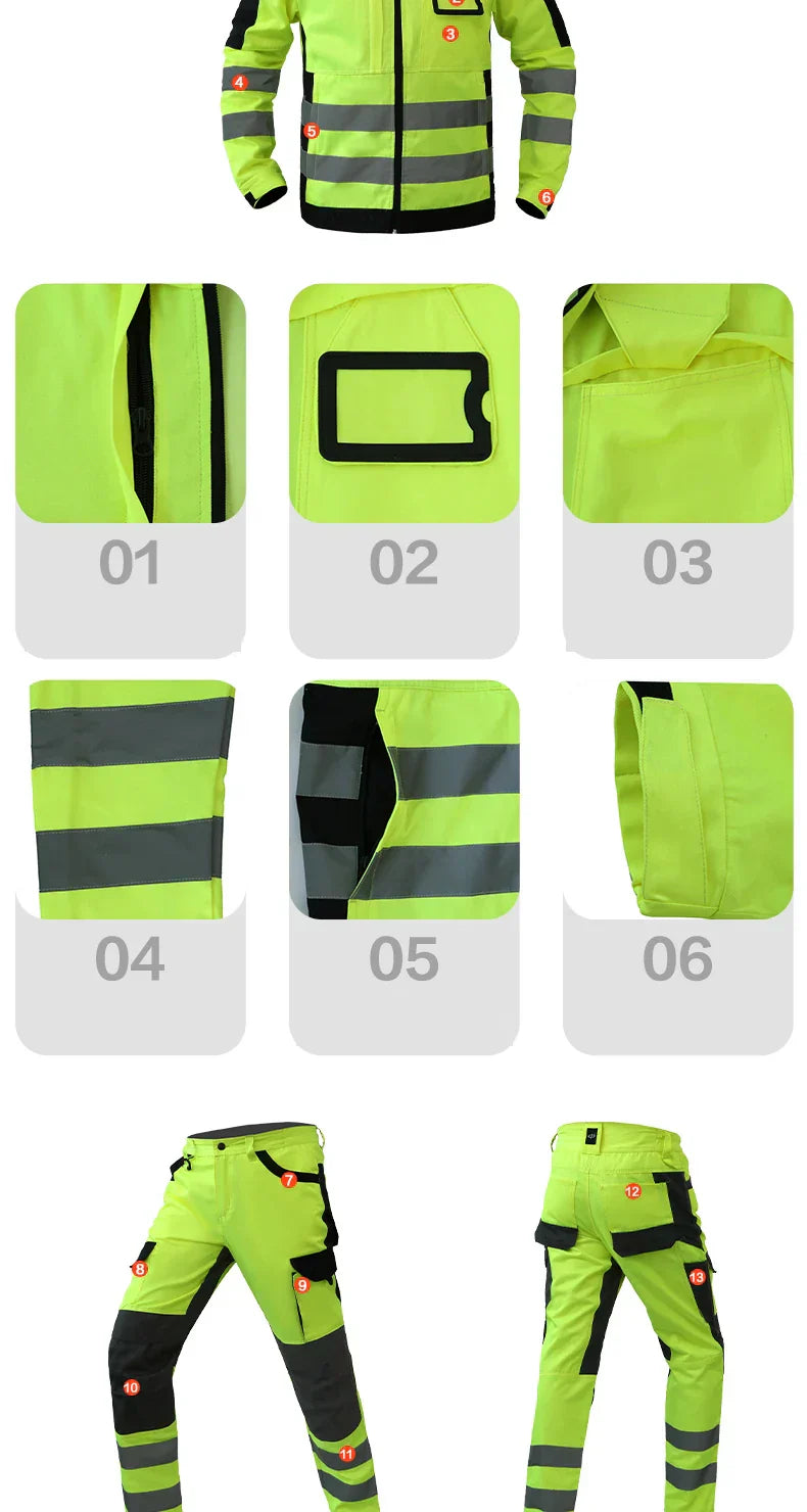 Men's Workwear Suit Work Suit Fluorescent Yellow Work Jacket and Pants Set with Multi Pockets Work Wear